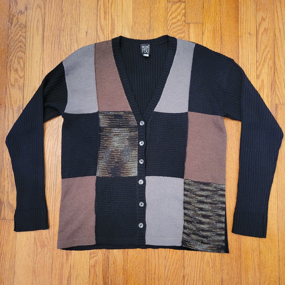 HELEN HSU Patchwork Cardigan Sweater V‎ Neck Button Front Long Sleeve L Retro